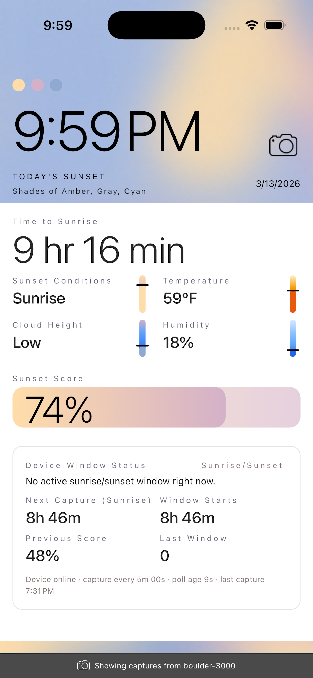Solrise sunset home screen at 74% scale