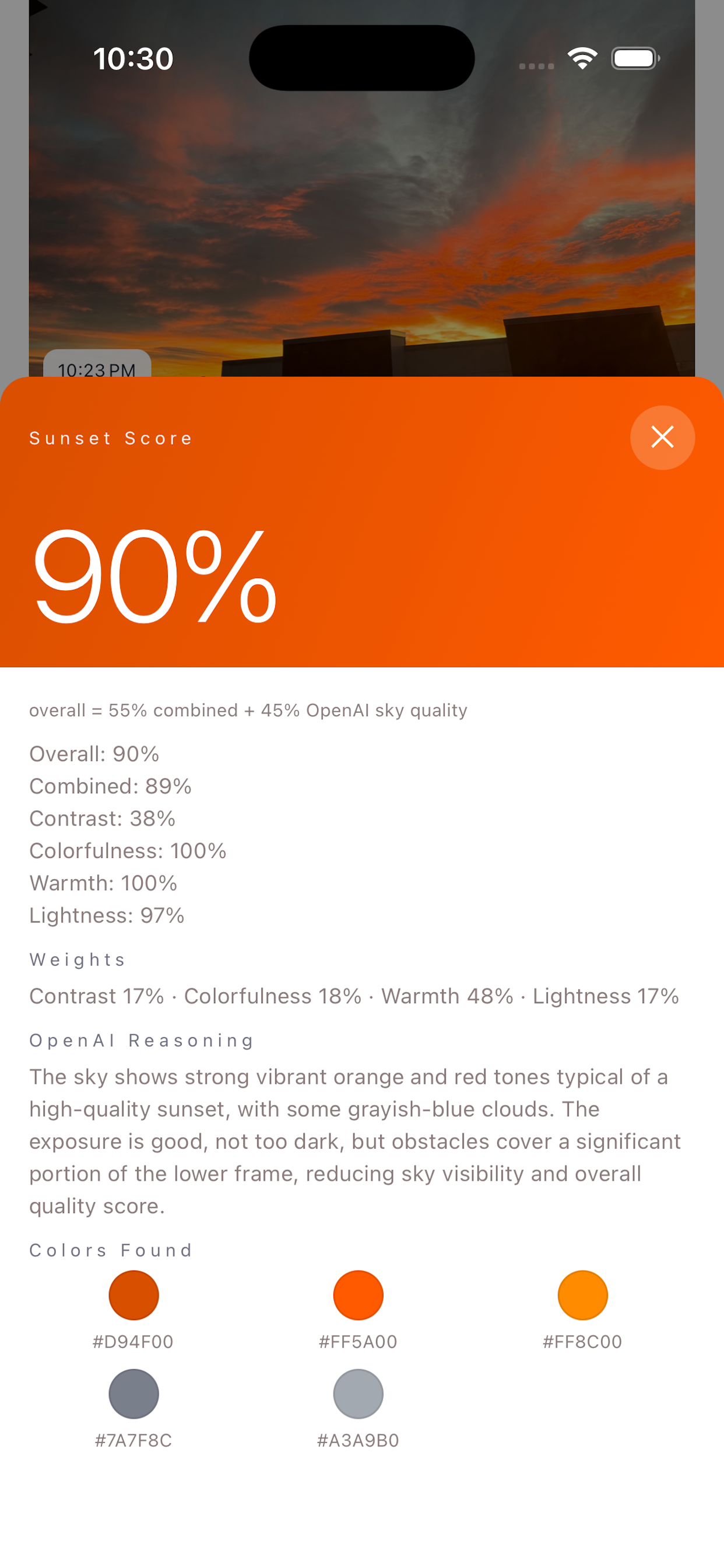 Solrise sunset detail screen at 90% scale